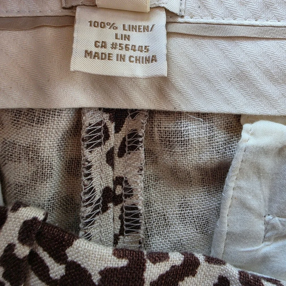 J. Crew Cafe Capri Leopard Print 100% Linen Pants Brown Tan Women Size 2